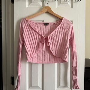 Pink Cropped Pointelle Knit Tie-Front Bolero Cardigan